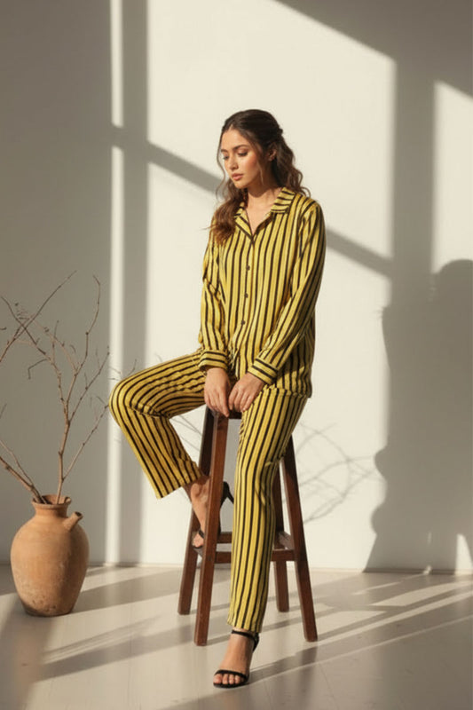 Ready-to-Wear Striped Co-Ord Set – Two Vibrant Colors (Red & Yellow) | Khaleesi Clothing