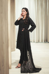 Ready-to-Wear Black Chiffon Georgette Embroidered 3-Piece Suit | Elegant Formal Wear