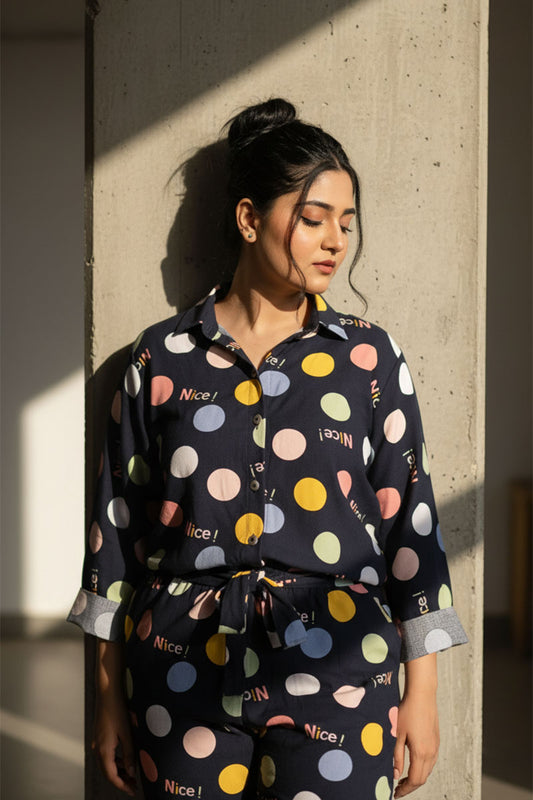 Ready-to-wear blue Boski Net printed jumpsuit with colorful polka dots – Khaleesi Clothing