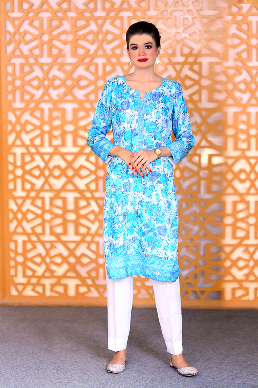 Ready-to-wear floral Georgette dress for women in blue with white trouser – Khaleesi Clothing