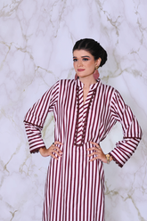 Ready-to-wear striped lawn cotton dress for women in blue and mehroon – Khaleesi Clothing