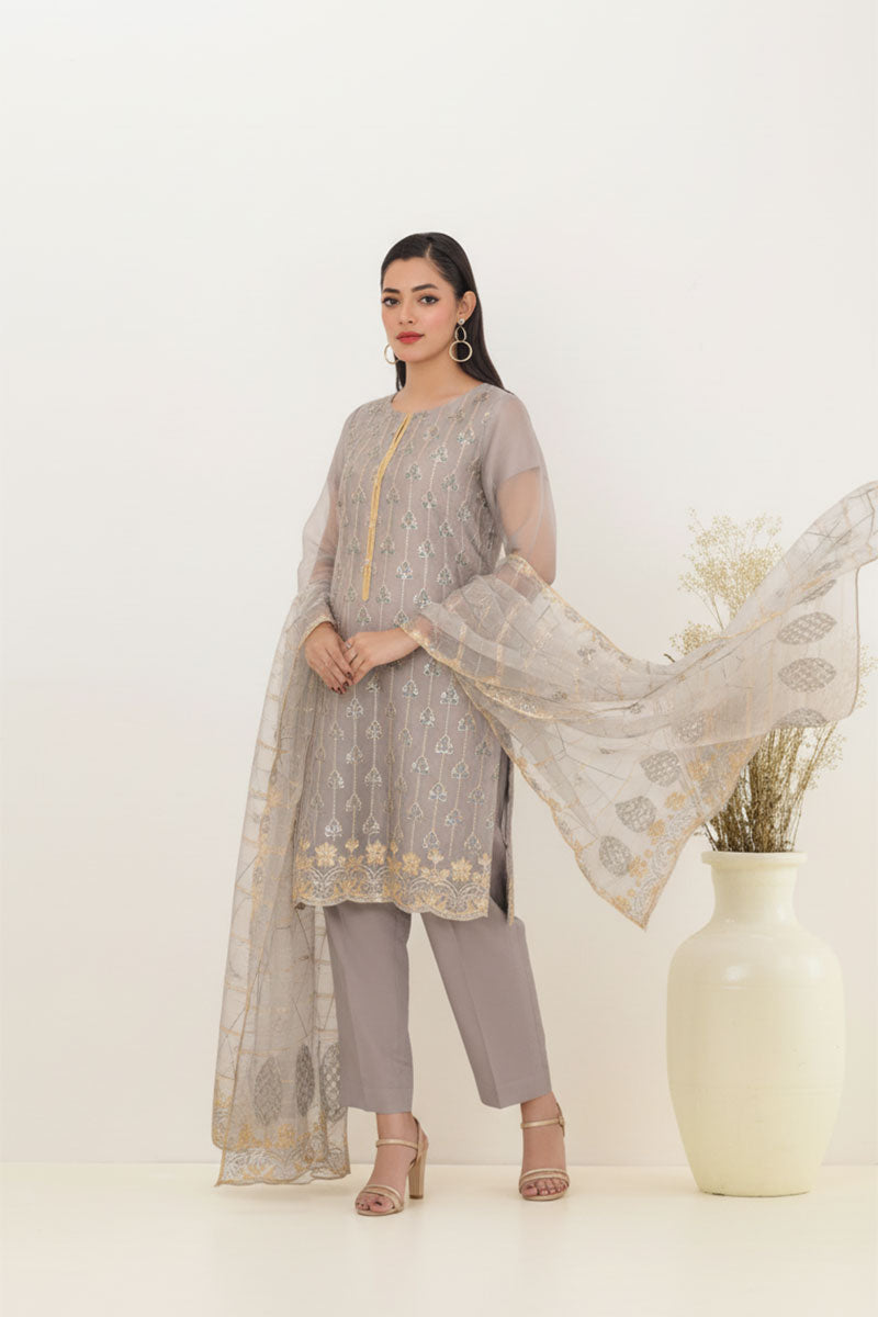 Ready-to-Wear Grey Organza Tissue Embroidered 3-Piece Suit | Luxury Formal Wear