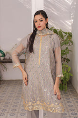 Ready-to-Wear Grey Organza Tissue Embroidered 3-Piece Suit | Luxury Formal Wear