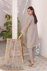 Ready-to-Wear Grey Organza Tissue Embroidered 3-Piece Suit | Luxury Formal Wear