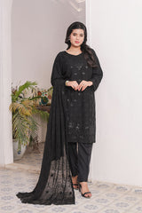 Ready-to-Wear Black Chiffon Georgette Embroidered 3-Piece Suit | Elegant Formal Wear