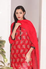 Ready-to-Wear Red Chiffon Georgette Embroidered 3-Piece Suit | Elegant Formal Wear