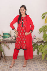 Ready-to-Wear Red Chiffon Georgette Embroidered 3-Piece Suit | Elegant Formal Wear