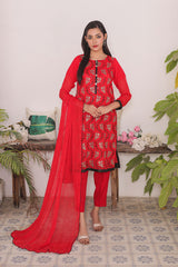 Ready-to-Wear Red Chiffon Georgette Embroidered 3-Piece Suit | Elegant Formal Wear
