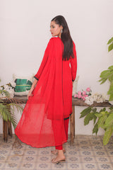 Ready-to-Wear Red Chiffon Georgette Embroidered 3-Piece Suit | Elegant Formal Wear