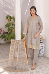 Ready-to-Wear Grey Organza Tissue Embroidered 3-Piece Suit | Luxury Formal Wear