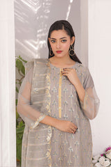 Ready-to-Wear Grey Organza Tissue Embroidered 3-Piece Suit | Luxury Formal Wear