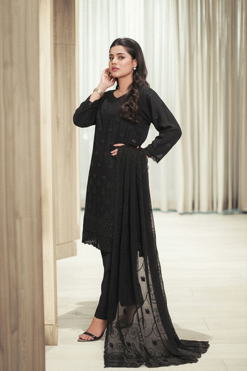 Ready-to-Wear Black Chiffon Georgette Embroidered 3-Piece Suit | Elegant Formal Wear