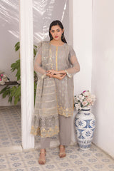 Ready-to-Wear Grey Organza Tissue Embroidered 3-Piece Suit | Luxury Formal Wear