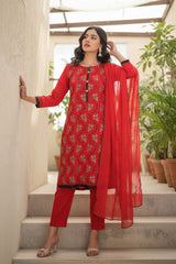 Ready-to-Wear Red Chiffon Georgette Embroidered 3-Piece Suit | Elegant Formal Wear