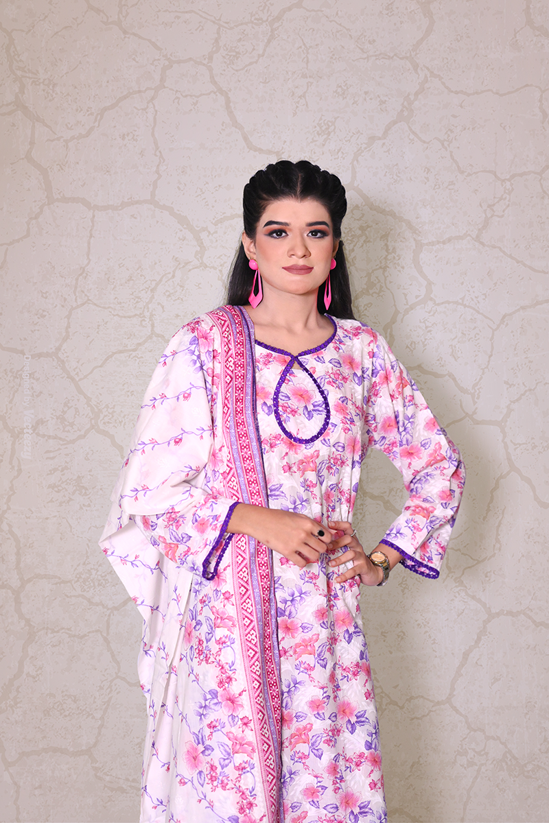 Women’s floral printed lawn 3-piece suit in pink and purple – Khaleesi Clothing