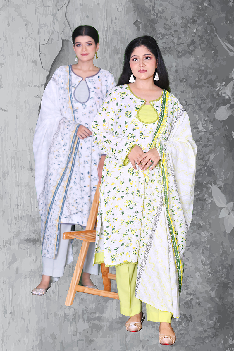 Women’s fresh meadow lawn 3-piece suit in white & green and white & grey — lawn cotton ready-to-wear by Khaleesi Clothing.