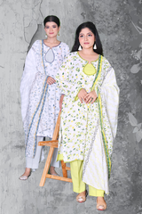 Women’s fresh meadow lawn 3-piece suit in white & green and white & grey — lawn cotton ready-to-wear by Khaleesi Clothing.