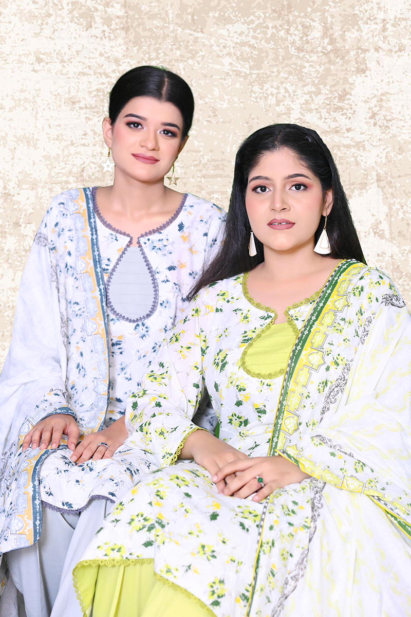 Women’s fresh meadow lawn 3-piece suit in white & green and white & grey — lawn cotton ready-to-wear by Khaleesi Clothing.