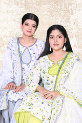 Women’s fresh meadow lawn 3-piece suit in white & green and white & grey — lawn cotton ready-to-wear by Khaleesi Clothing.