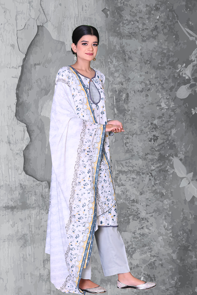Women’s fresh meadow lawn 3-piece suit in white & grey — lawn cotton ready-to-wear by Khaleesi Clothing.