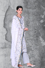 Women’s fresh meadow lawn 3-piece suit in white & grey — lawn cotton ready-to-wear by Khaleesi Clothing.