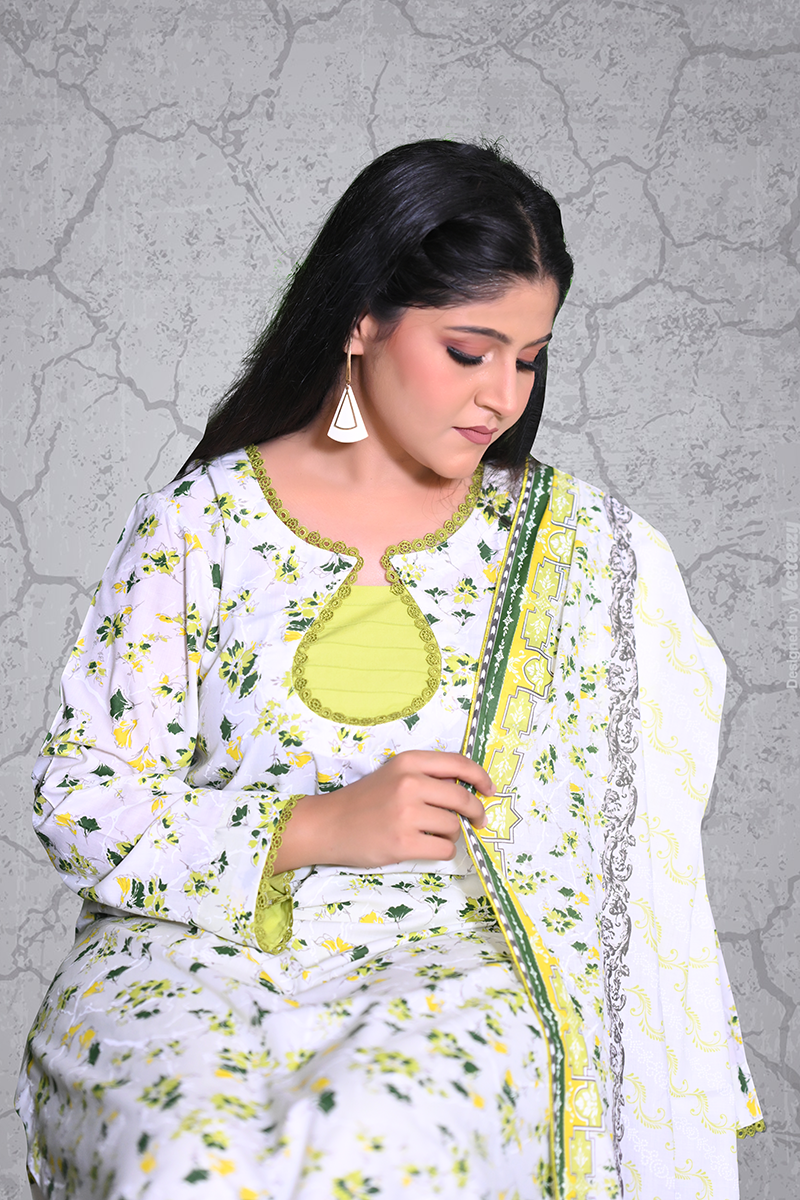 Women’s fresh meadow lawn 3-piece suit in white & green — lawn cotton ready-to-wear by Khaleesi Clothing.