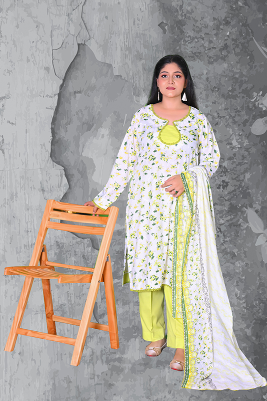 Women’s fresh meadow lawn 3-piece suit in white & green — lawn cotton ready-to-wear by Khaleesi Clothing.