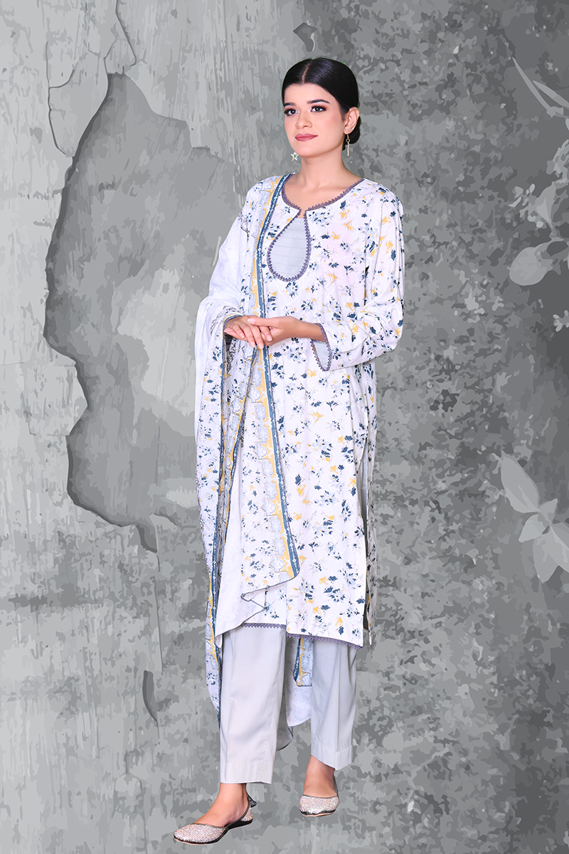 Women’s fresh meadow lawn 3-piece suit in white & grey — lawn cotton ready-to-wear by Khaleesi Clothing.