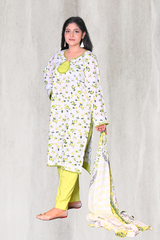 Women’s fresh meadow lawn 3-piece suit in white & green — lawn cotton ready-to-wear by Khaleesi Clothing.