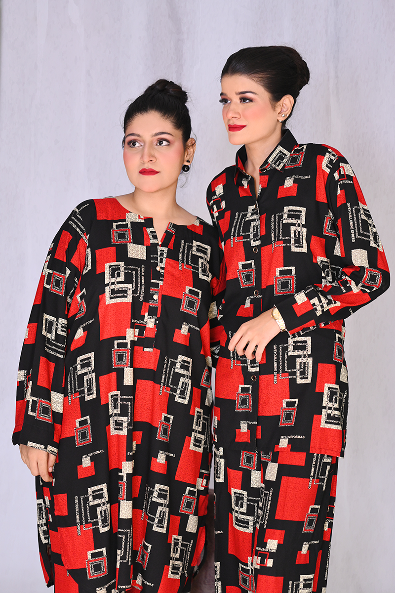 Women’s red & black geometric co-ord set – available with collar and without collar by Khaleesi Clothing