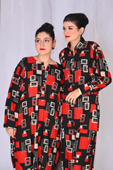 Women’s red & black geometric co-ord set – available with collar and without collar by Khaleesi Clothing