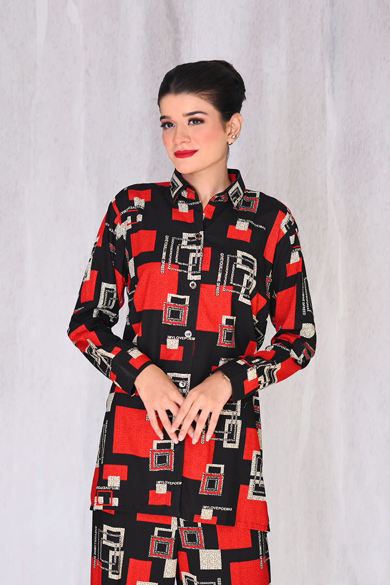Women’s red & black geometric co-ord set – available with collar and without collar by Khaleesi Clothing