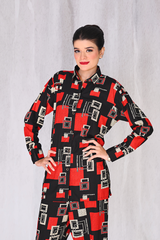 Women’s red & black geometric co-ord set – available with collar and without collar by Khaleesi Clothing
