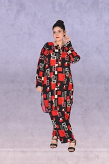 Women’s red & black geometric co-ord set – available with collar and without collar by Khaleesi Clothing
