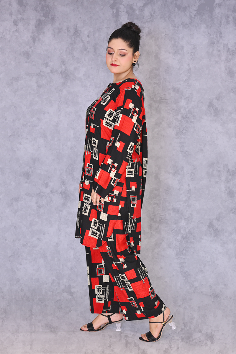 Women’s red & black geometric co-ord set – available with collar and without collar by Khaleesi Clothing