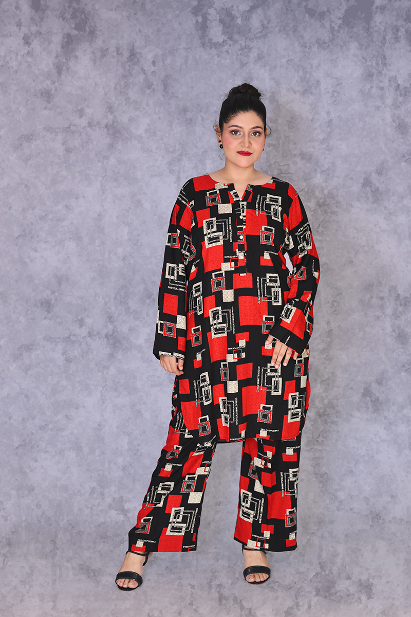 Women’s red & black geometric co-ord set – available with collar and without collar by Khaleesi Clothing