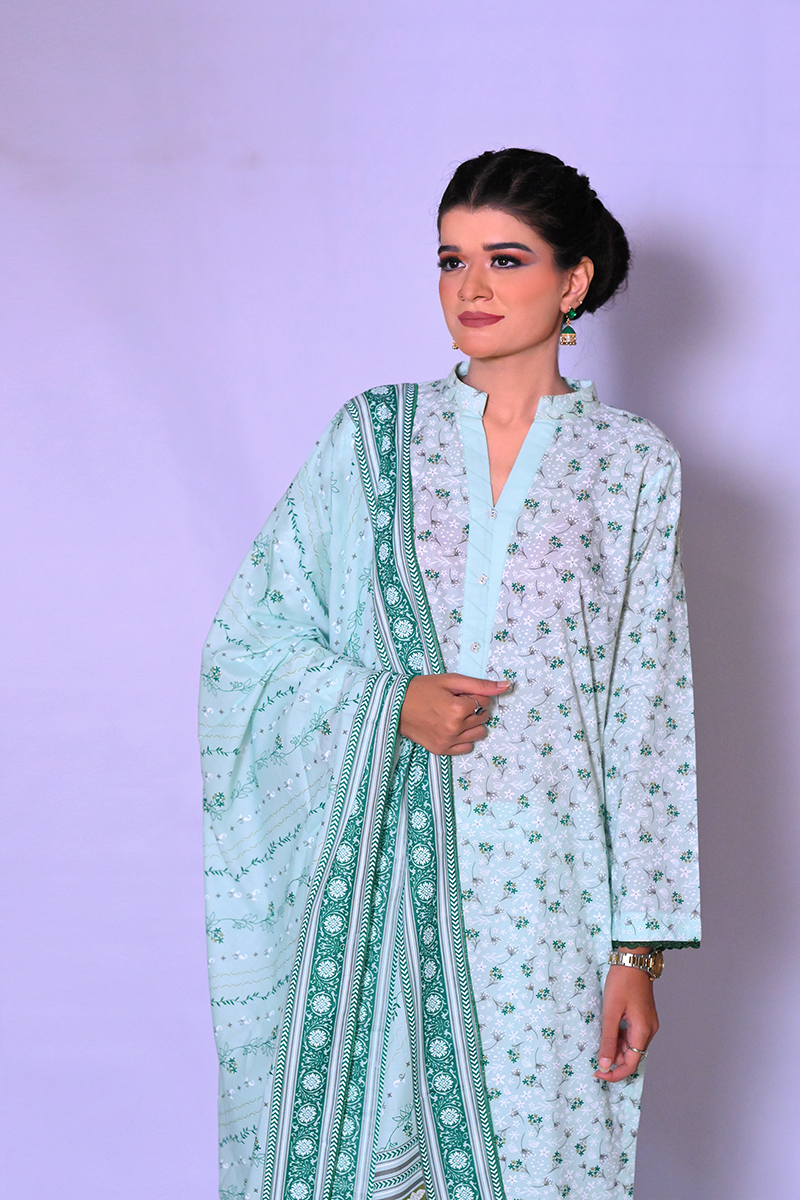 Mint green floral printed lawn 3-piece suit for women – Khaleesi Clothing Summer Collection