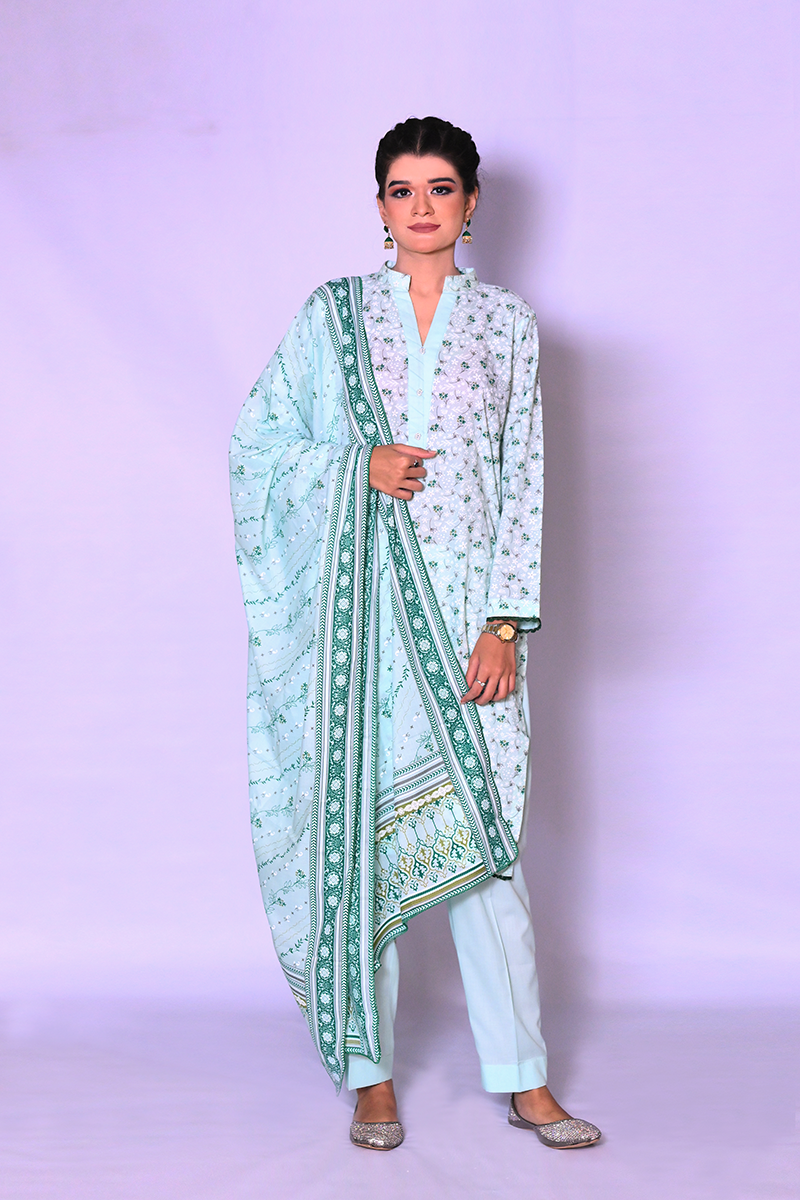 Mint green floral printed lawn 3-piece suit for women – Khaleesi Clothing Summer Collection