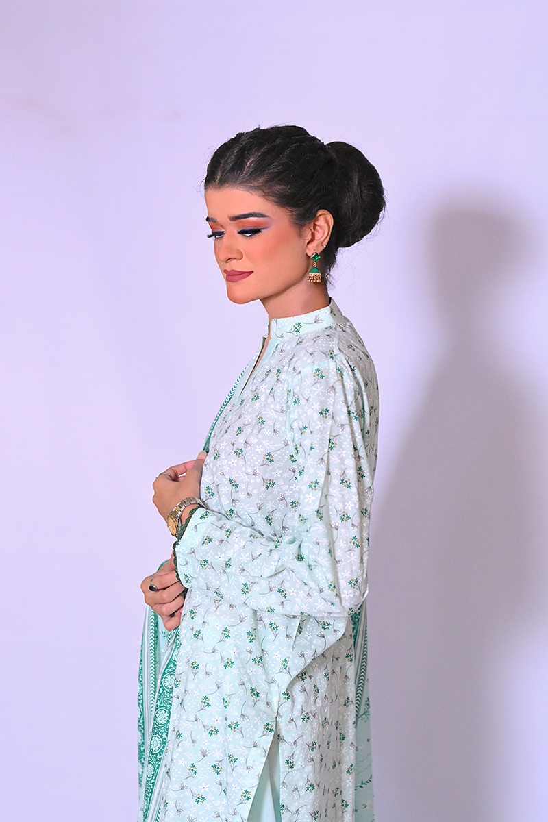 Mint green floral printed lawn 3-piece suit for women – Khaleesi Clothing Summer Collection