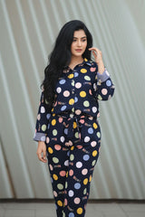 Ready-to-wear blue Boski Net printed jumpsuit with colorful polka dots – Khaleesi Clothing
