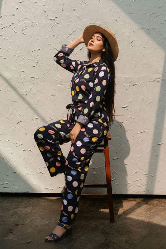 Ready-to-wear blue Boski Net printed jumpsuit with colorful polka dots – Khaleesi Clothing

