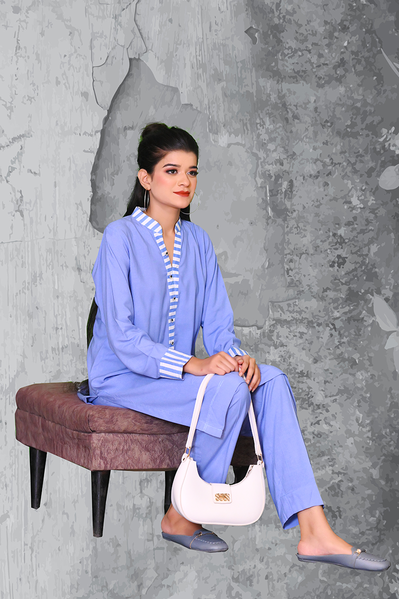 Ready-to-wear Boski Linen dress for women in blue with striped detailing – Khaleesi Clothing