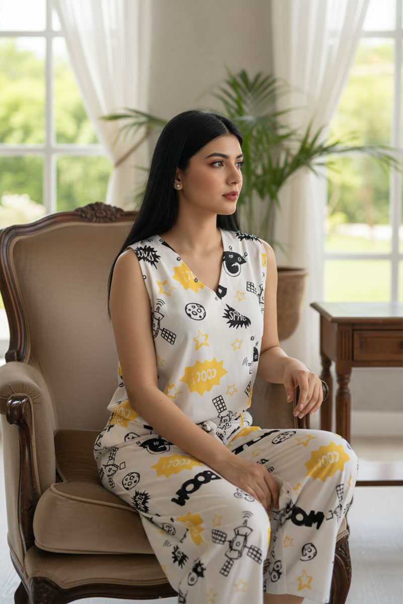 Ready-to-wear boski printed jumpsuit for women in white, black, and yellow – Khaleesi Clothing