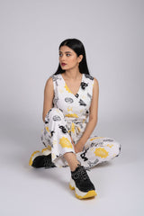 Ready-to-wear boski printed jumpsuit for women in white, black, and yellow – Khaleesi Clothing