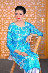 Ready-to-wear floral Georgette dress for women in blue with white trouser – Khaleesi Clothing