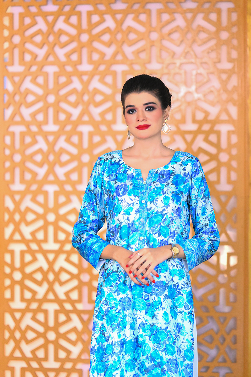 Ready-to-wear floral Georgette dress for women in blue with white trouser – Khaleesi Clothing