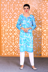 Ready-to-wear floral Georgette dress for women in blue with white trouser – Khaleesi Clothing