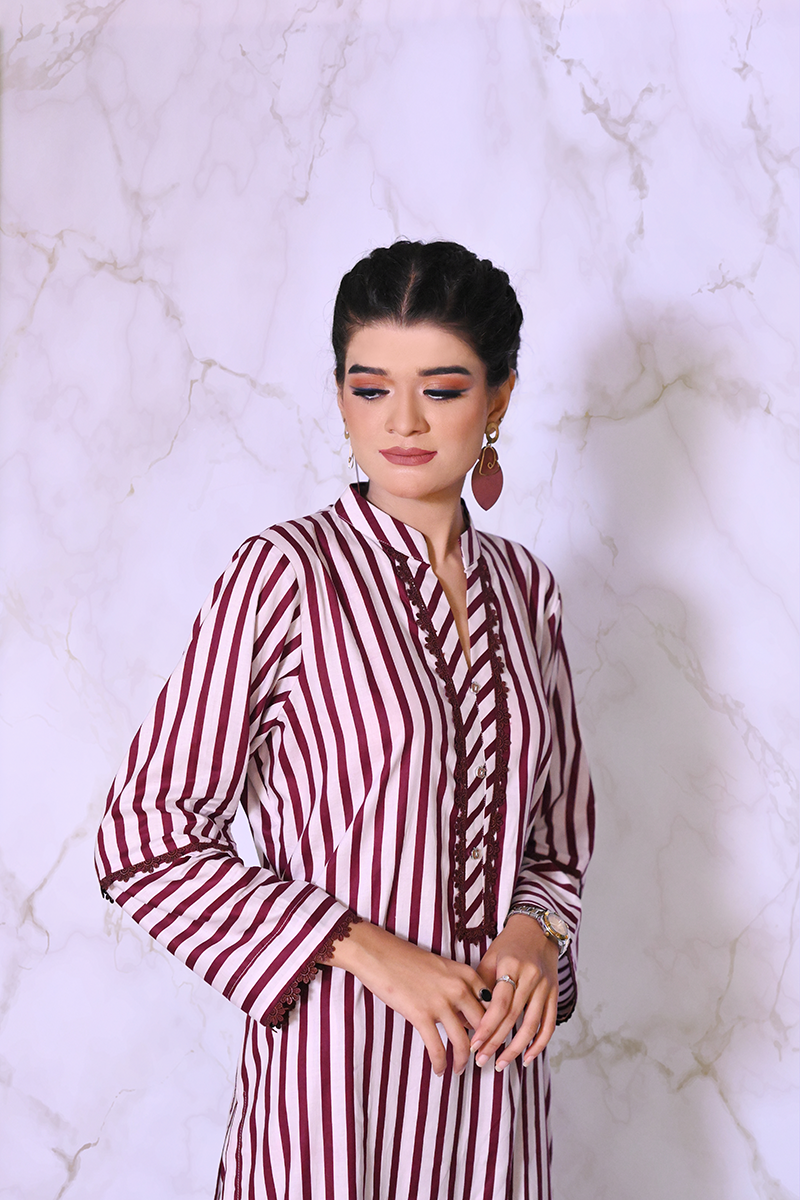 Ready-to-wear striped lawn cotton dress for women in blue and mehroon – Khaleesi Clothing