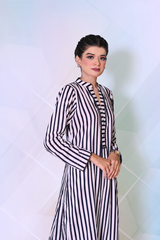 Ready-to-wear striped lawn cotton dress for women in blue and mehroon – Khaleesi Clothing