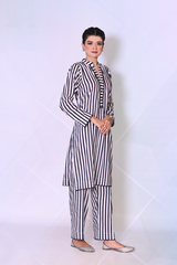 Ready-to-wear striped lawn cotton dress for women in blue and mehroon – Khaleesi Clothing